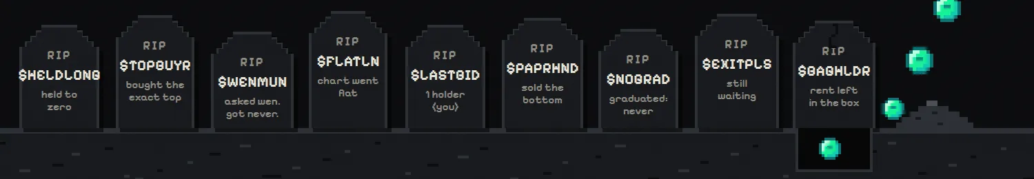 A row of pixel tombstones, one grave open with SOL coins floating out